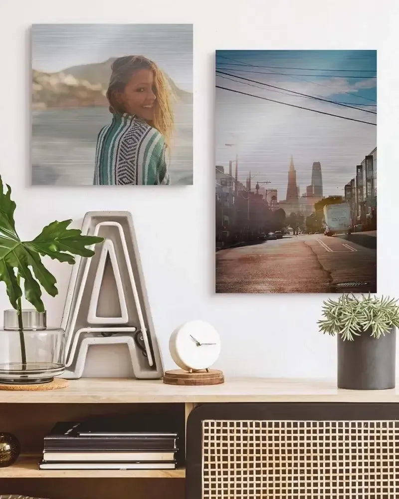 Two brushed aluminium prints on a wall above a console table