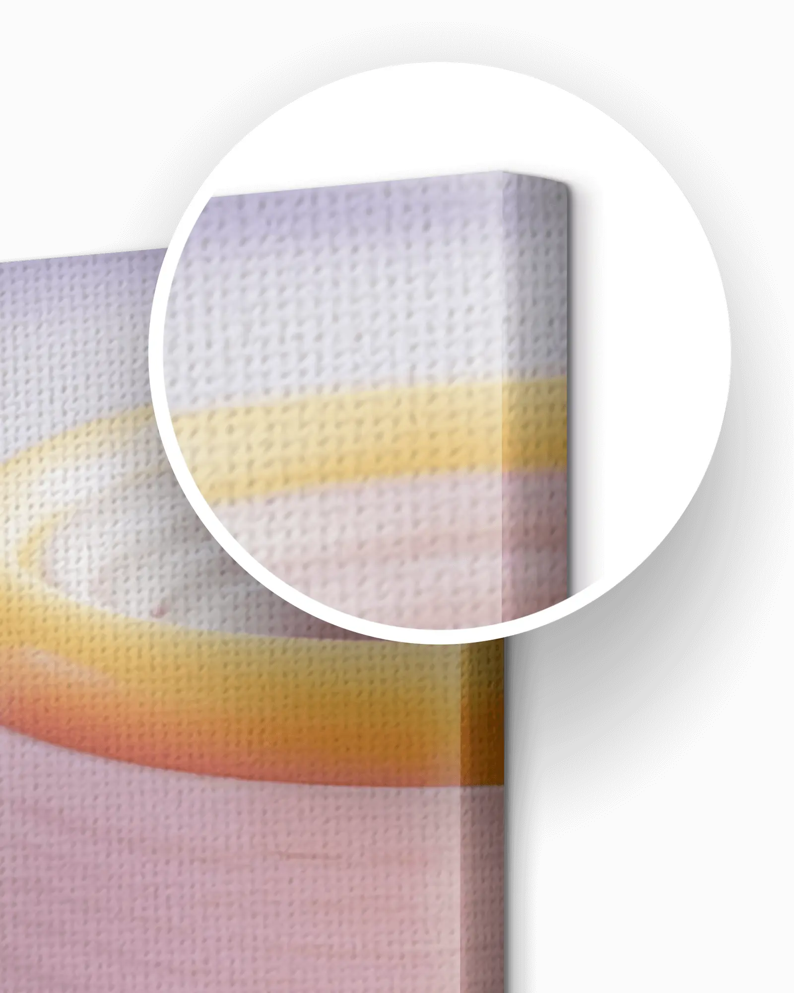 Magnified canvas corner showing the woven texture and wrapped edge