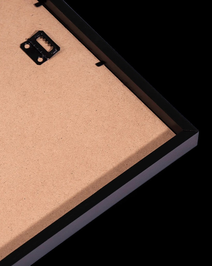 Back corner of a black wooden frame showing sawtooth hanger and backing board