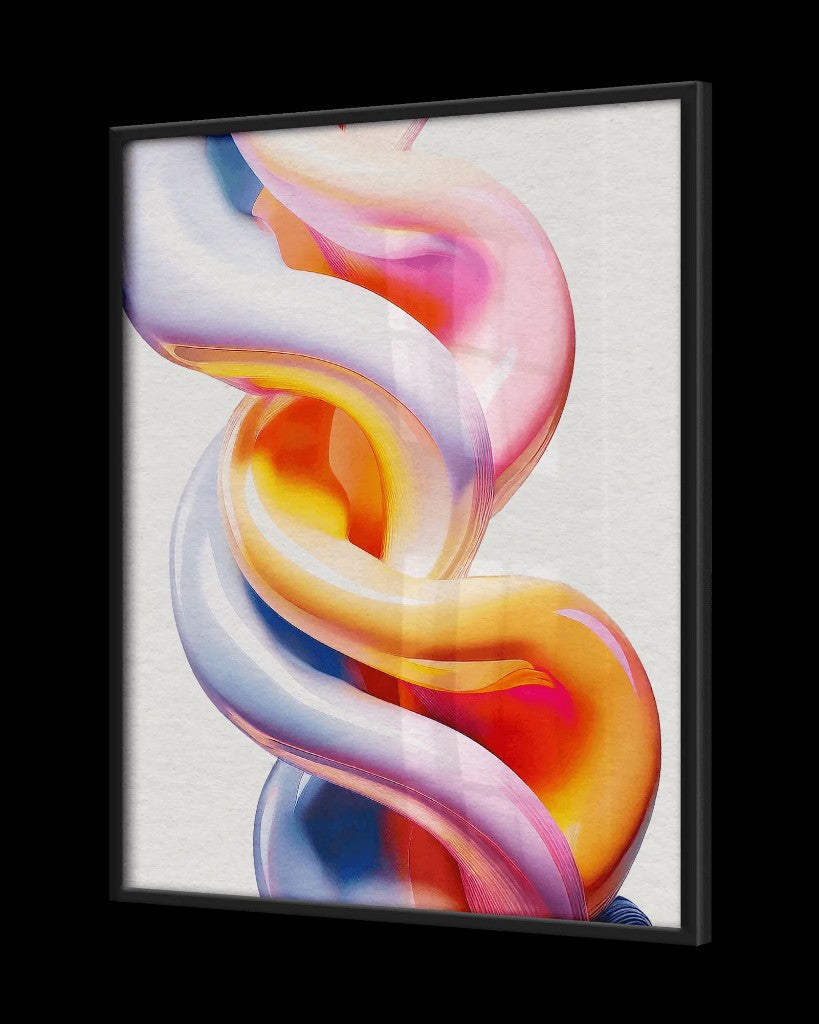 Fine art poster in a thin black wooden frame, shown at an angle on a black background