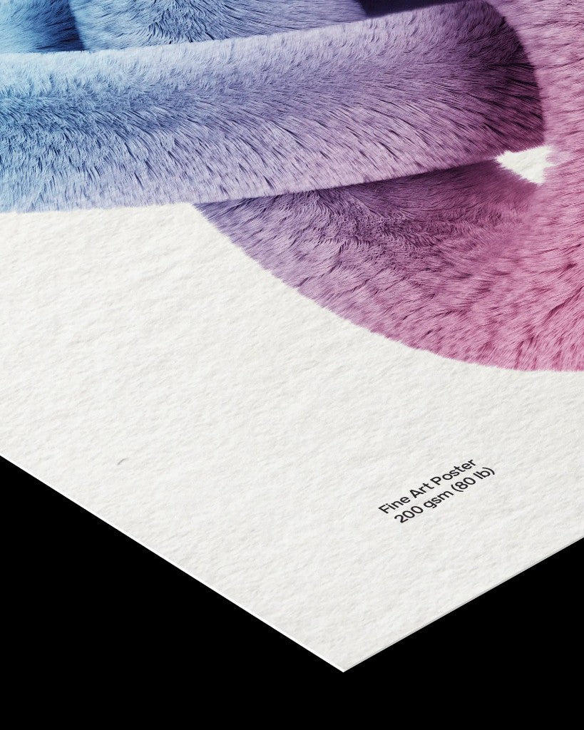 Angled close-up of a fine art poster showing fibrous paper and 200 gsm label