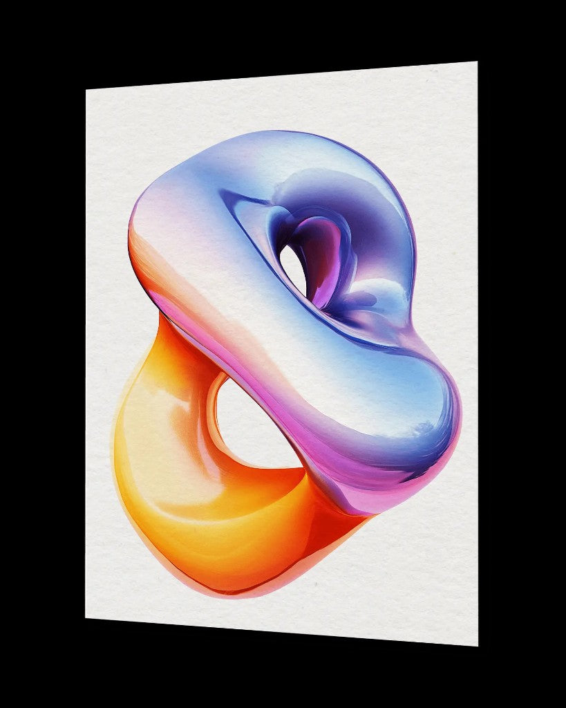 Fine art poster with a 3D abstract sculpture, shown at an angle on a black background