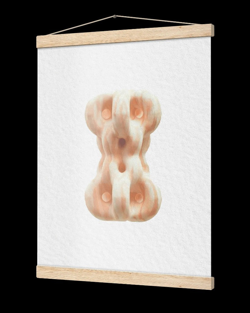 Matte poster with wooden hangers and hanging cord, shown at an angle on a black background