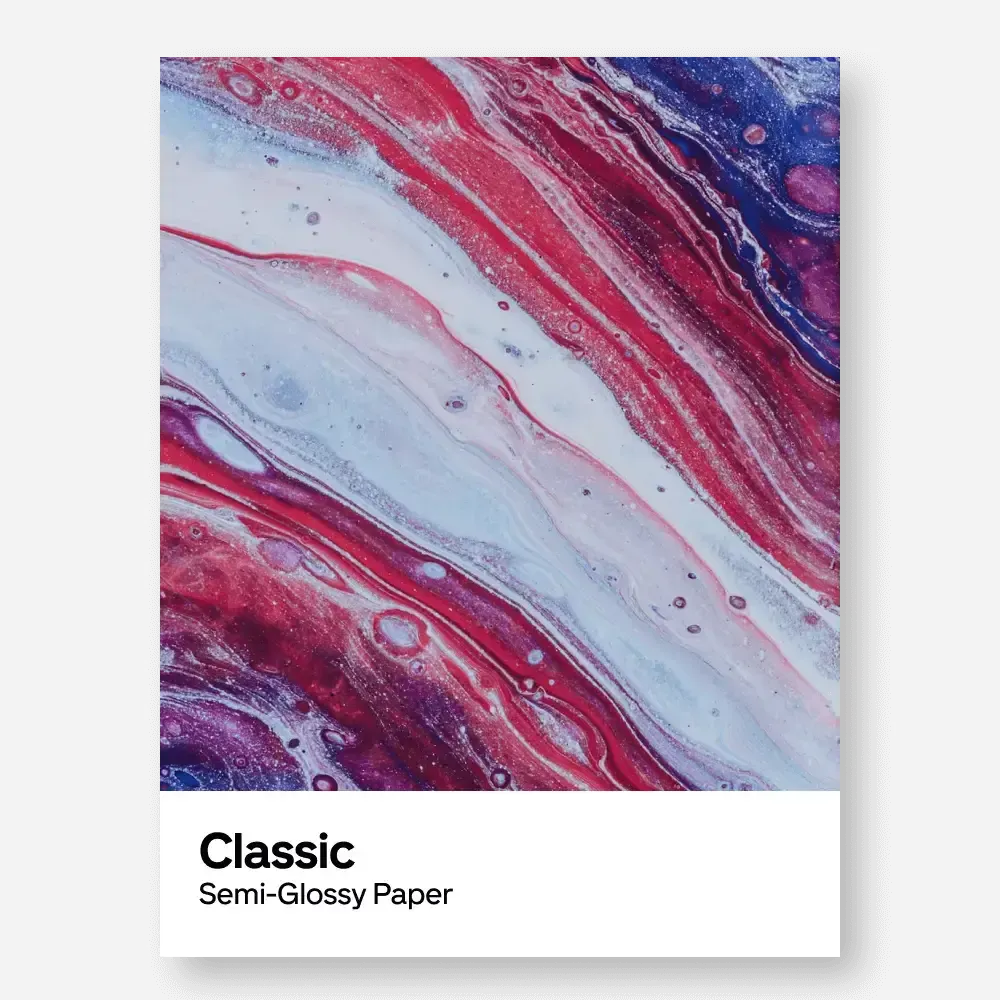 Classic semi-glossy paper sample with abstract colour and finish label