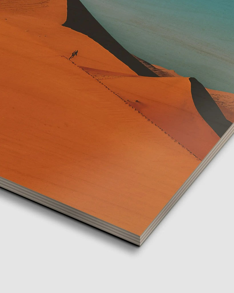 Angled corner of a wood print showing the multi-layer plywood construction
